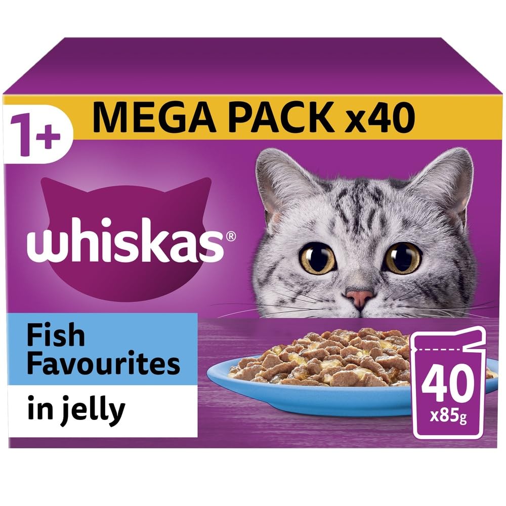 WHISKAS - 1+- Adult Wet Cat Food Pouches - 40 x 85 g - Fish in Jelly - Bulk Cat Food Megapack - 40 Pouches