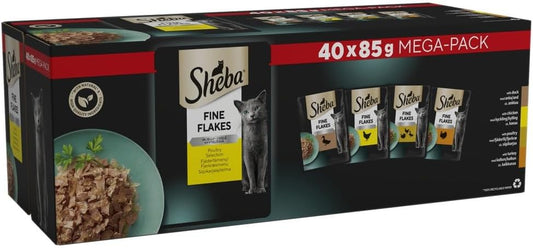 Sheba Fine Flakes in Jelly – Poultry Collection – Wet cat food pouches for adult cats – 40x85g pack