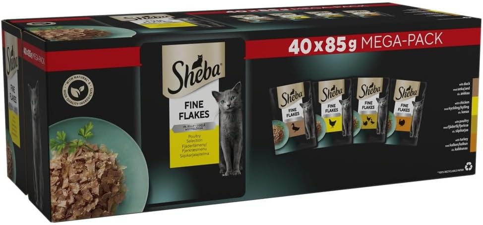 Sheba Fine Flakes in Jelly – Poultry Collection – Wet cat food pouches for adult cats – 40x85g pack