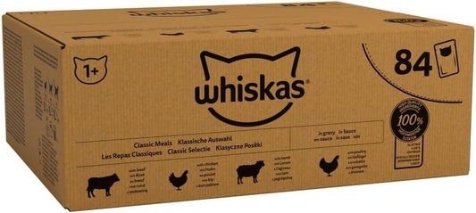whiskas 1+ Adult Classic Selection in Gravy 84 Pouches, Adult Wet Cat Food, Megapack (84 x 85 g)