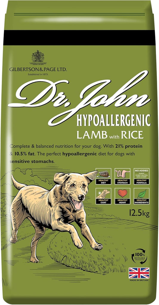 Dr John Wheat-Free Hypoallergenic Dry Dog Food - Lamb with Rice Dog Food 12.5kg - Complete Nutrition for Adult and Senior Dogs with Sensitive Digestion