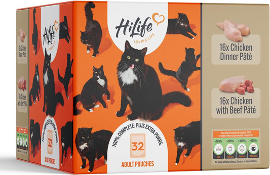 HiLife Adult Wet Cat Food, Mixed Chicken Pate Recipes, Complete Cat Food Pouches, 100% Natural & Grain Free, Chicken Dinner / Chicken with Beef (32 x 70g Pouches)